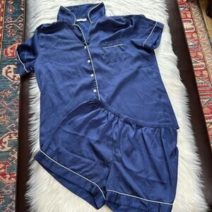 Navy Blue Satin Pajama Shorts Set